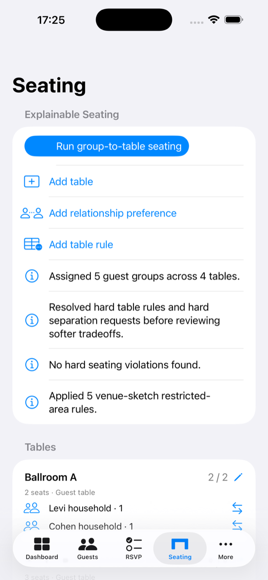 Wendus Seating screen showing venue-sketch restricted-area rules applied to group-to-table seating.