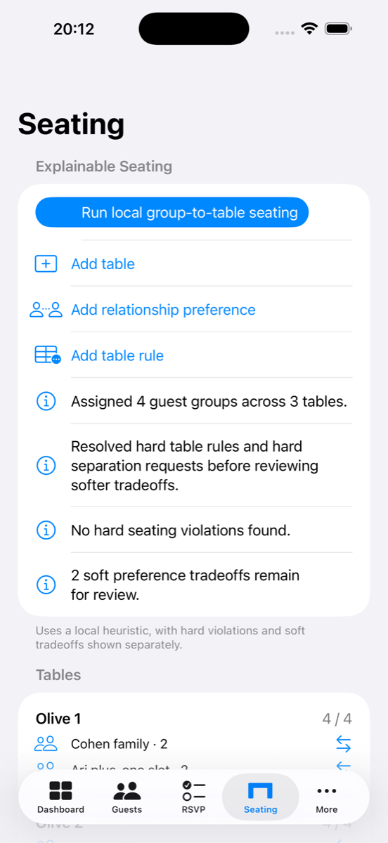 Wendus Seating screen showing explainable seating controls, tables, hard violations, and soft tradeoffs.