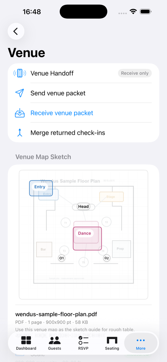 Wendus Venue screen showing an imported floor-plan PDF used as a calibrated venue map sketch.